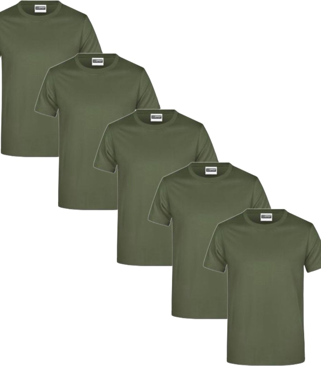 James & Nicholson 5 Pack Olive T-Shirts Heren, 100% Katoen Ronde Hals, Ondershirts Maat XXL