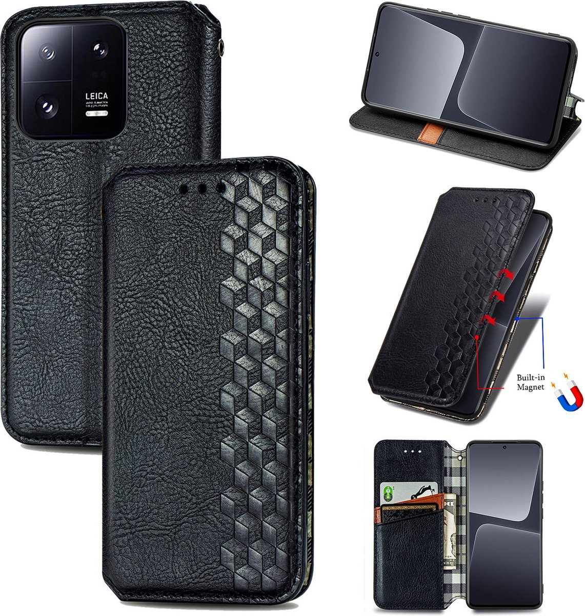 Luxe PU Lederen Ruitpatroon Wallet Case + PMMA Screenprotector voor Xiaomi 13 Pro _ Zwart