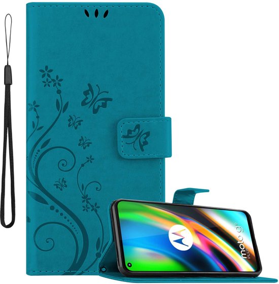 Cadorabo Hoesje geschikt voor Motorola MOTO G9 PLUS in BLOEMEN BLAUW - Beschermhoes in bloemmotief met magnetische sluiting, standfunctie en kaartsleuven Book Case Cover Etui