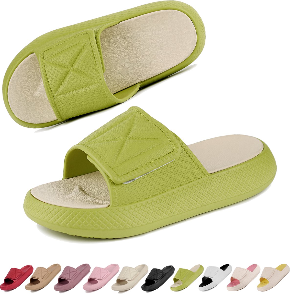 Geweo - Slippers Heren Dames - EVA Badslippers Unisex - Verdikte - Klittenband - Super Zacht aan je Voeten - Anti-Slip en Stevig Voetbed - Anti-lawaai - Geel en Groen - Maat 43/44