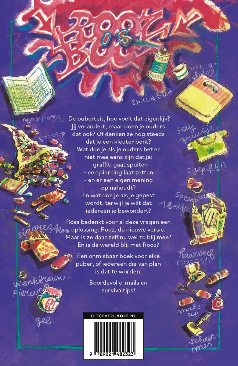 Achterkant van een boek met paarse achtergrond en rode, roze en witte tekst. Verschillende voorwerpen zoals een weegschaal, make-up en spuitbussen.