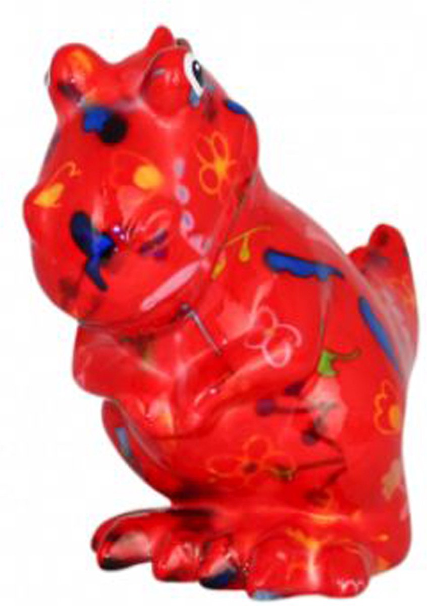 Pomme pidou spaarpot dinosaurus Tito M rood met bloemetjes en blaadjes