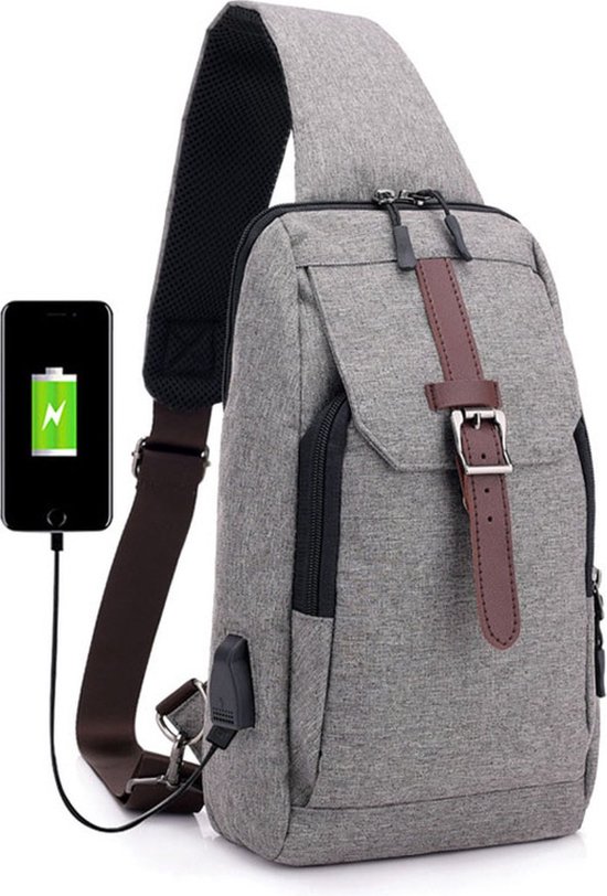 Foto: Moderne crossbody bag grijze schoudertas met usb poort voor opladen onderweg waterafstotend compact veilig functioneel stijlvol en comfortabel met extra brede schouderband jouw ideale reisgenoot 