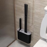 Toiletborstel, siliconen wc-borstel voor badkamer met sneldrogende houder, zwart, met randreiniger, wandmontage zonder boren, afneembare bodem
