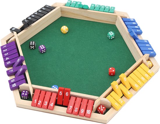 Houten shut the box spel met groen speelveld. Zijkanten met paarse, blauwe, gele, rode, zwarte en groene schuifjes genummerd 1-10. Acht dobbelstenen.