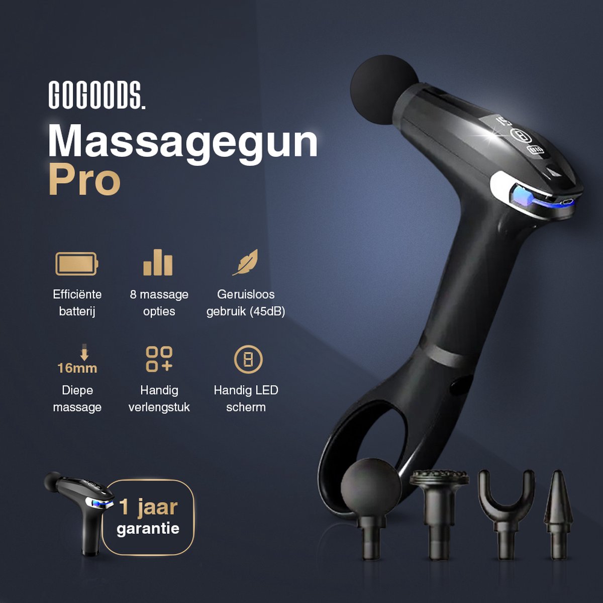 Afbeelding 2 van GoGoods® Massage Gun - Luxe Massage Pistool - Draadloos - Incl. Verlengstuk - Professioneel - 8 Standen - 4 Opzetstukken