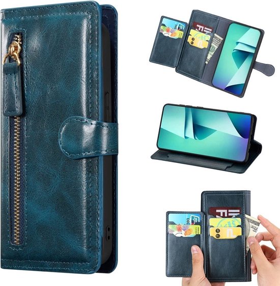 Étui bleu LuxeBass aux multiples fonctions : porte-cartes, support et fermeture éclair.