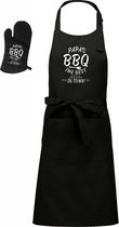 Luxe BBQ- en keukenschort - tesktschort - Papa's BBQ - 76 x 90 cm - verstelbaar en voorvak - met barbecue handschoen - one size - zwart