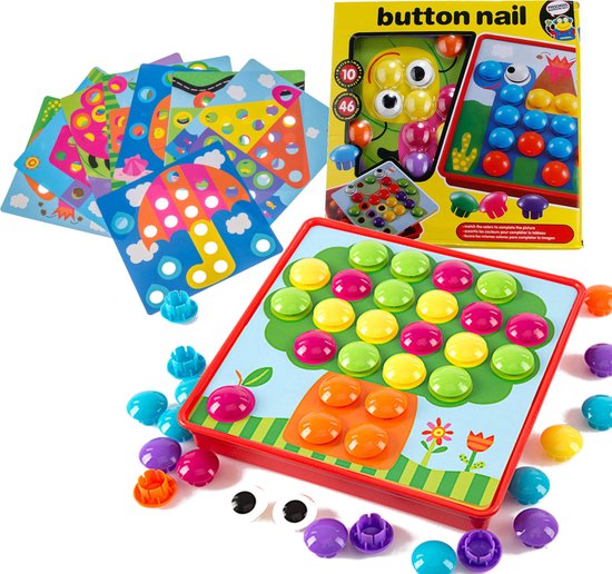 Playos® - Jeu de mosaïque de boutons - 57 pièces - Jouets Montessori -  Jouets punaises