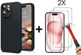 Hoesje geschikt voor iPhone 15 Pro Max Zwart Siliconen Hoesje met 2x Tempered Glass Screenprotector - EPICMOBILE