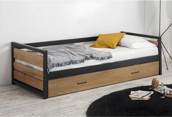 Uitschuifbed 90 x 190 cm van MDF, grenen en metaal BOSTON L 200 cm x H 62 cm x D 98.5 cm