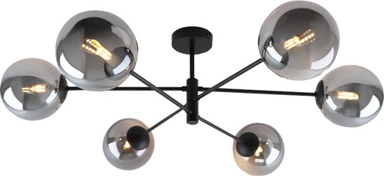 Olucia Remo - Design Plafondlamp - 6L - Aluminium/Glas - Grijs;Zwart - Rond - 90 cm
