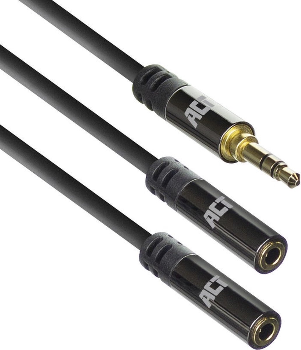 ACT AC3620 High Quality Audio Splitterkabel | 3.5mm Stereo Jack Male | 2x 3.5mm Stereo Jack Female | Zwart - 15 cm