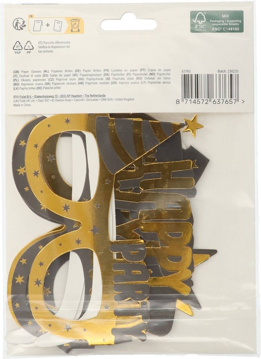 Folat 63765 Lunettes Papier - BlackGold HNY - 6 pièces - Décorations de réveillon du Nouvel, Fournitures de fête Happy New Year, Bonne année