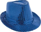 Toppers - Funny Fashion Carnaval verkleed Trilby hoedje met glitter pailletten - blauw - heren/dames