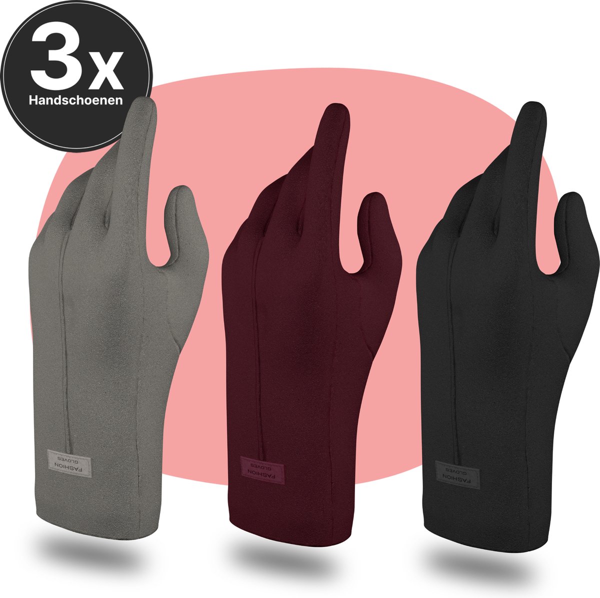 VOLQU® - Handschoenen - 3X Premium Handschoenen Dames - Handschoenen Verwarmd - Wanten - Kerstcadeau voor Vrouwen- Zwart / Grijs / Magenta