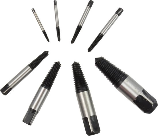 8 stuks schroefverwijderaars, zwart met zilver, gerangschikt in een cirkel.