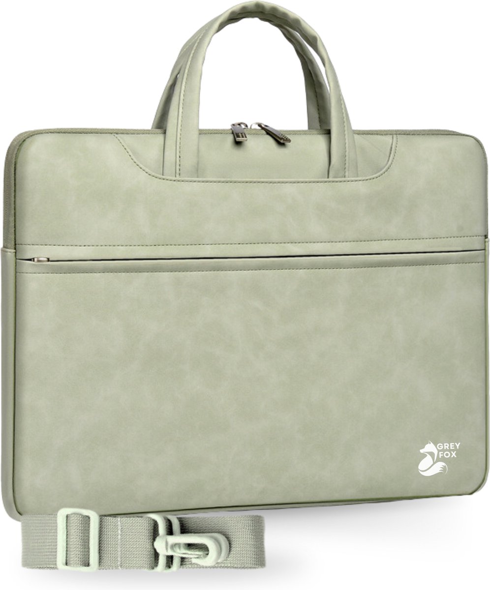Grey Fox PU Leren Laptophoes 14 inch - Laptoptas - Macbook / IPad / Thinkpad - Sleeve met Ritssluiting - Kofferinsteek - Incl. Schouderband - Licht Groen