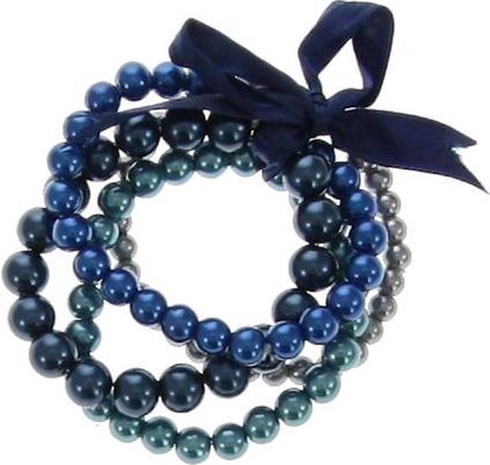 Behave Elastische parel armband dames met 3 tinten blauwe glasparels en grijs