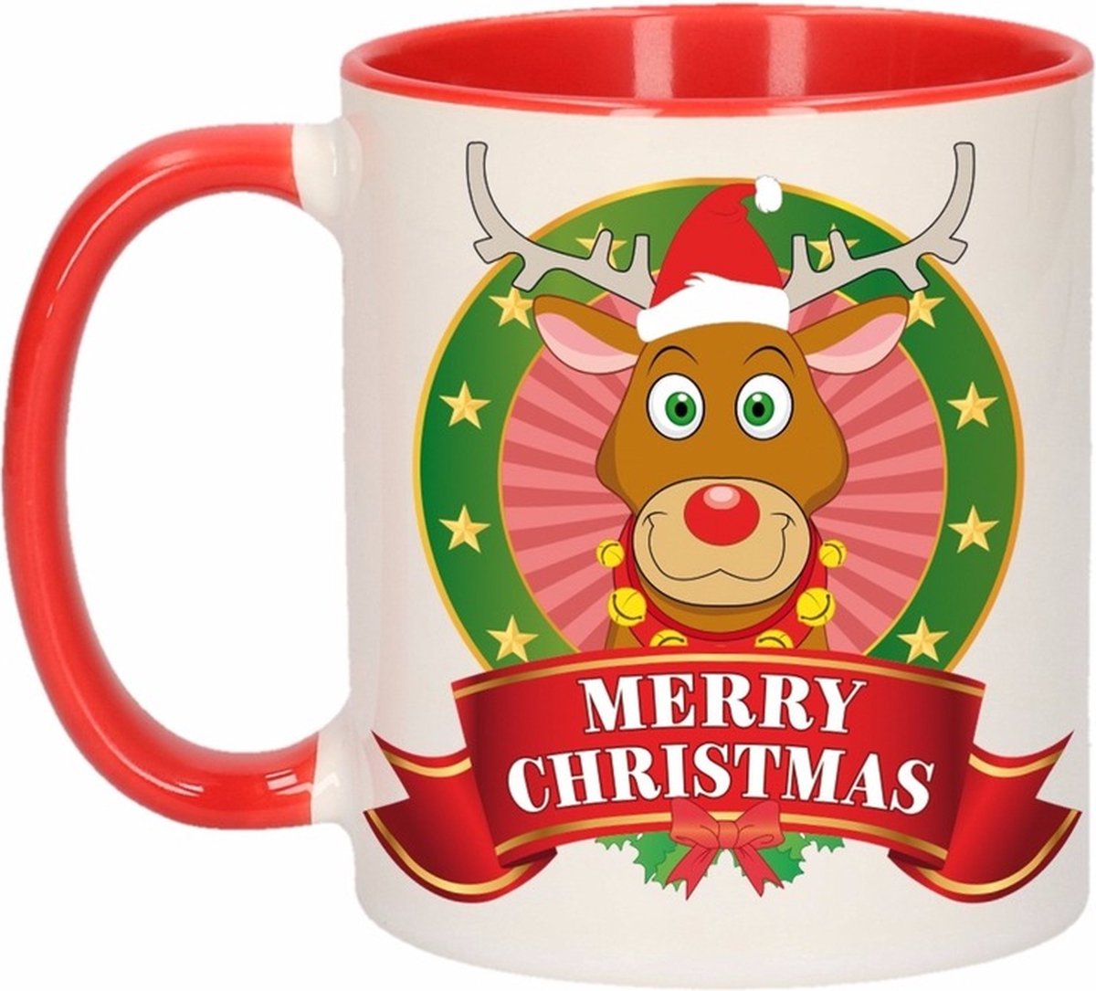 Kerst beker / mok - rood met wit - 300 ml keramiek - Rendier Rudolf print