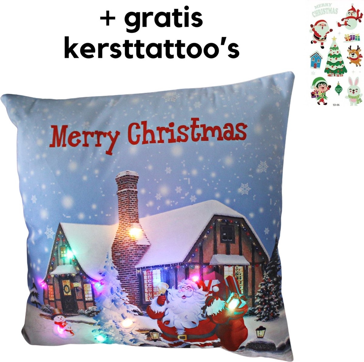 EazyPeezy Kerstkussensloop 45 x 45 cm - Besneeuwd Huis Kerstpatronen - Gekleurde LEDverlichting