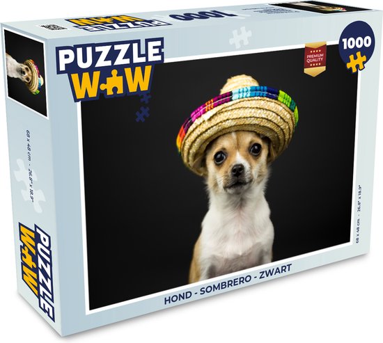 Boîte d'un puzzle de 1000 pièces représentant un chien avec un sombrero sur fond noir.