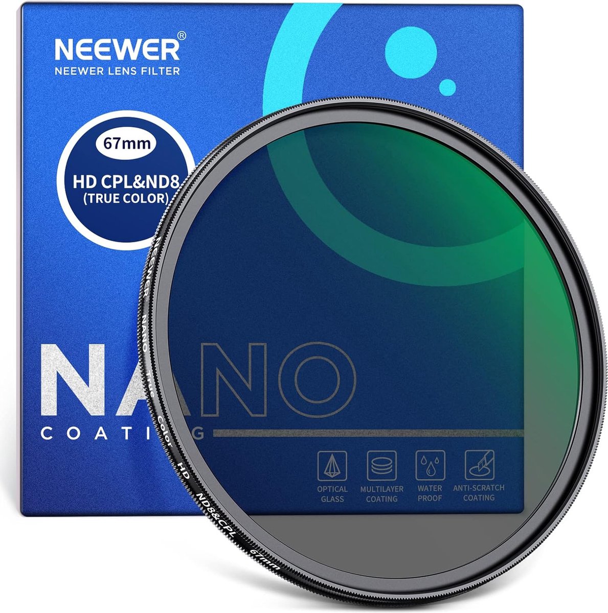 Neewer® - 67mm True Color CPL met ND8-filter 2 in 1 - 3 Stops ND-filter & Circulair Polarisatiefilter gecombineerd met Multi Nano Gecoat HD Optisch Glas, Waterafstotend/Krasbestendigtendige Coating