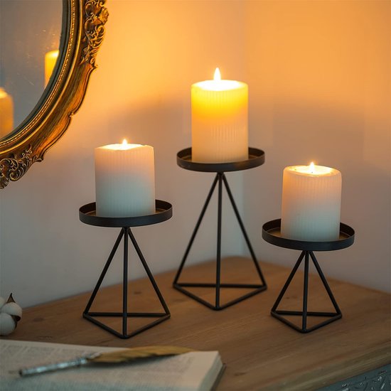 Geometric Black Candle Holders for Pillar Candles - 3 Pieces Metal Wire Vintage Candlesticks Set for Living Room Dining Room Fireplace Cloak Christmas Party Halloween Table Centerpieces