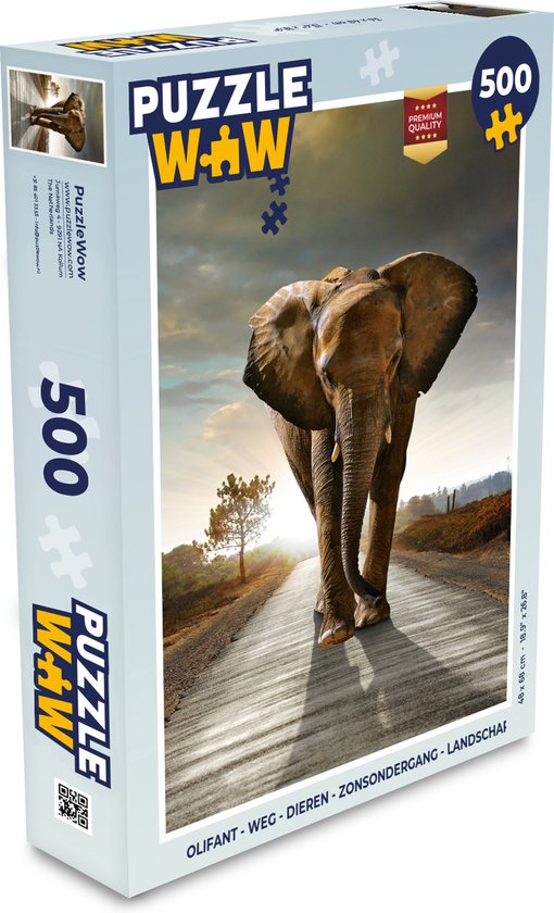 Puzzle Eléphant - Route - Animaux - Coucher de Soleil - Paysage - Puzzle - Puzzle 500 pièces