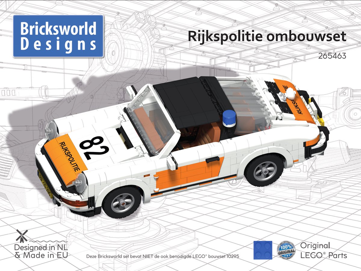 Bricksworld BOC-POR-RP Bricksworld Rijkspolitie ombouwkit voor LEGO® 10295 Porsche 911 Targa. Samengesteld uit originele nieuwe LEGO® onderdelen.