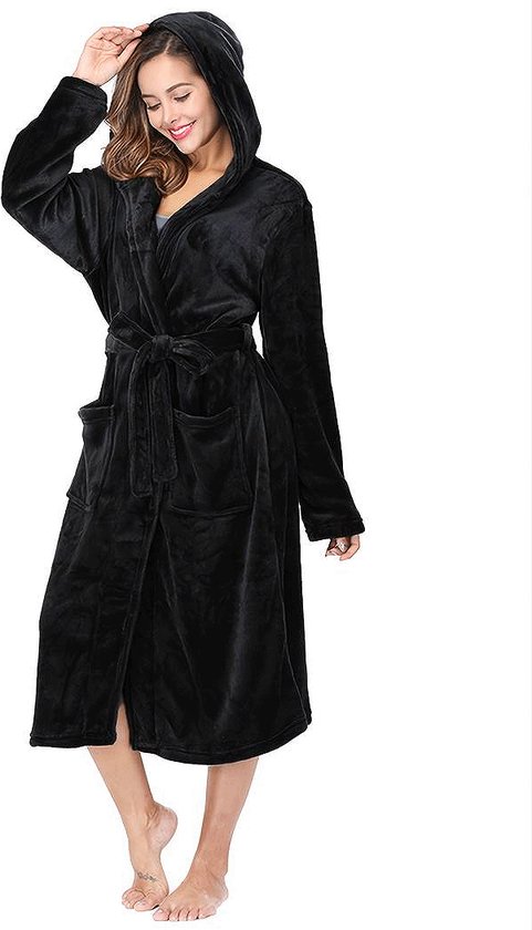 Dames badjas fleece/velours benyson met capuchon zwart L/XL