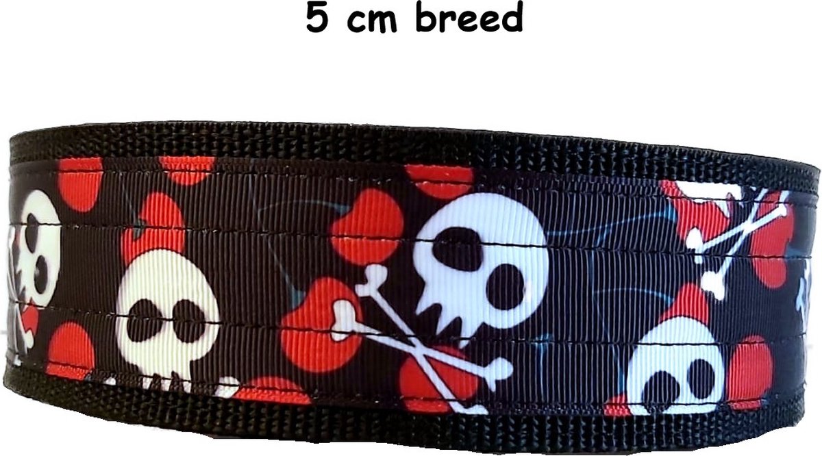 Halsband - 5 cm breed - Maat 70 L - Zwart - Skulls kersen - Hondenhalsband - Halsband hond
