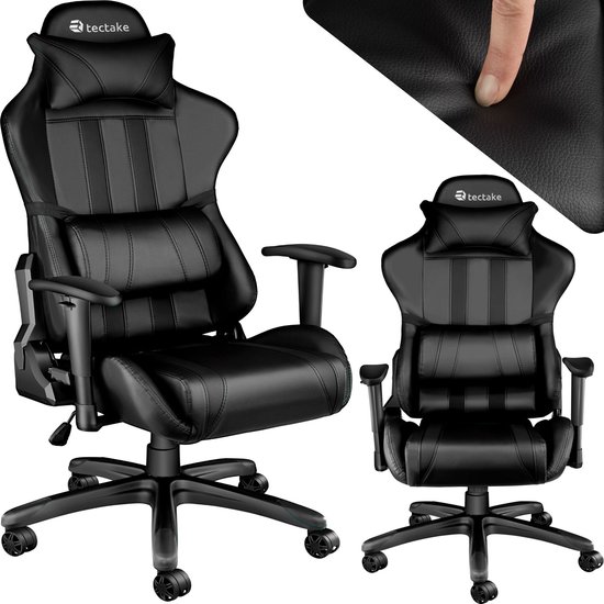 tectake® - bureaustoel gamingchair - luxe burostoel kantoorstoel - racingstoel burostoel gamestoel - zwart - kunstleer - verstelbaar - incl. rug- en nekkussen