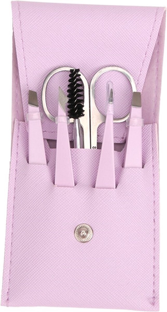 Pincet wenkbrauw trimmer set - 6-delig - met 4 epileer pincetten, 1 wenkbrauw borstel en 1 wenkbrauw schaartje - in leren hoesje – roze