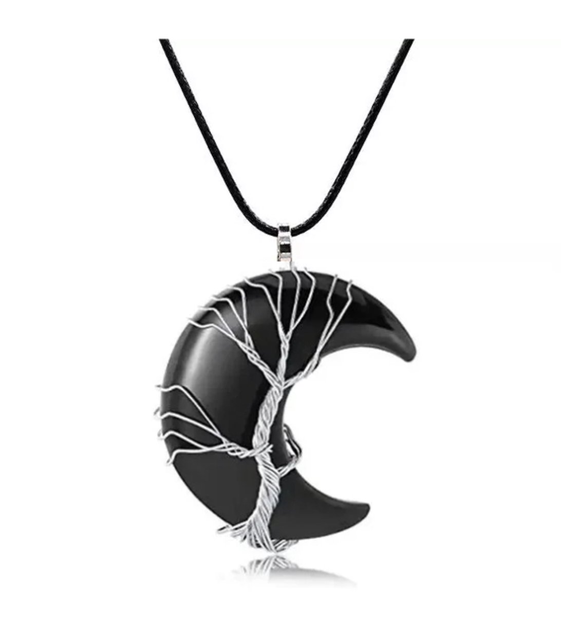 ASTRADAVI Kristal Halve Maan - Hanger - Positieve Energie Chakra Kristal Edelstenen - Zilverkleurige Kooi - met Zwart Vegan Lederen Koord - Obsidiaan - Cadeau Idee