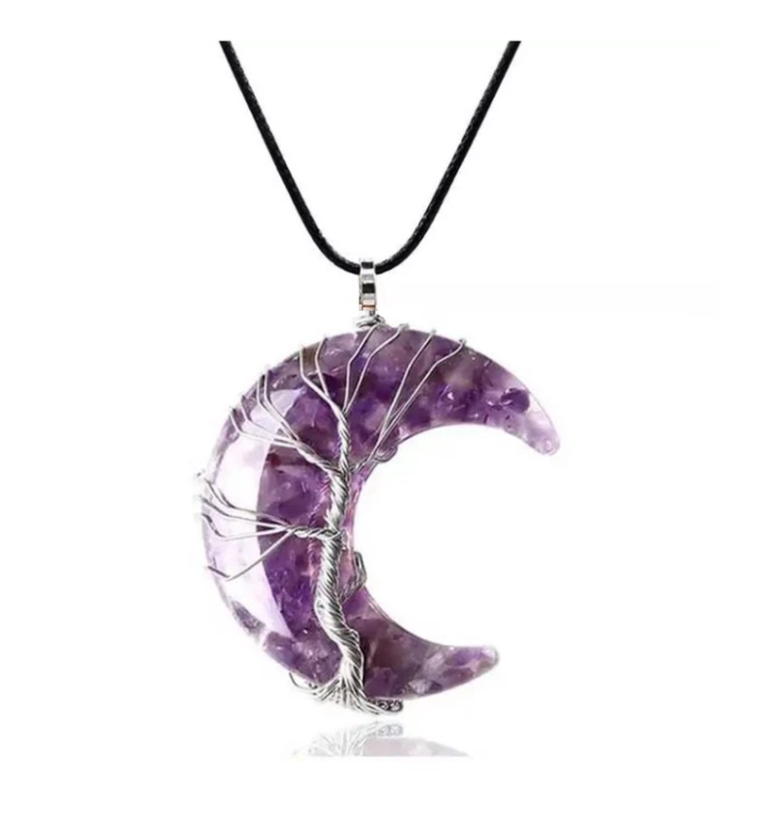 ASTRADAVI Kristal Halve Maan - Hanger - Positieve Energie Chakra Kristal Edelstenen - Zilverkleurige Kooi - met Zwart Vegan Lederen Koord - Paarse Amethist - Cadeau Idee