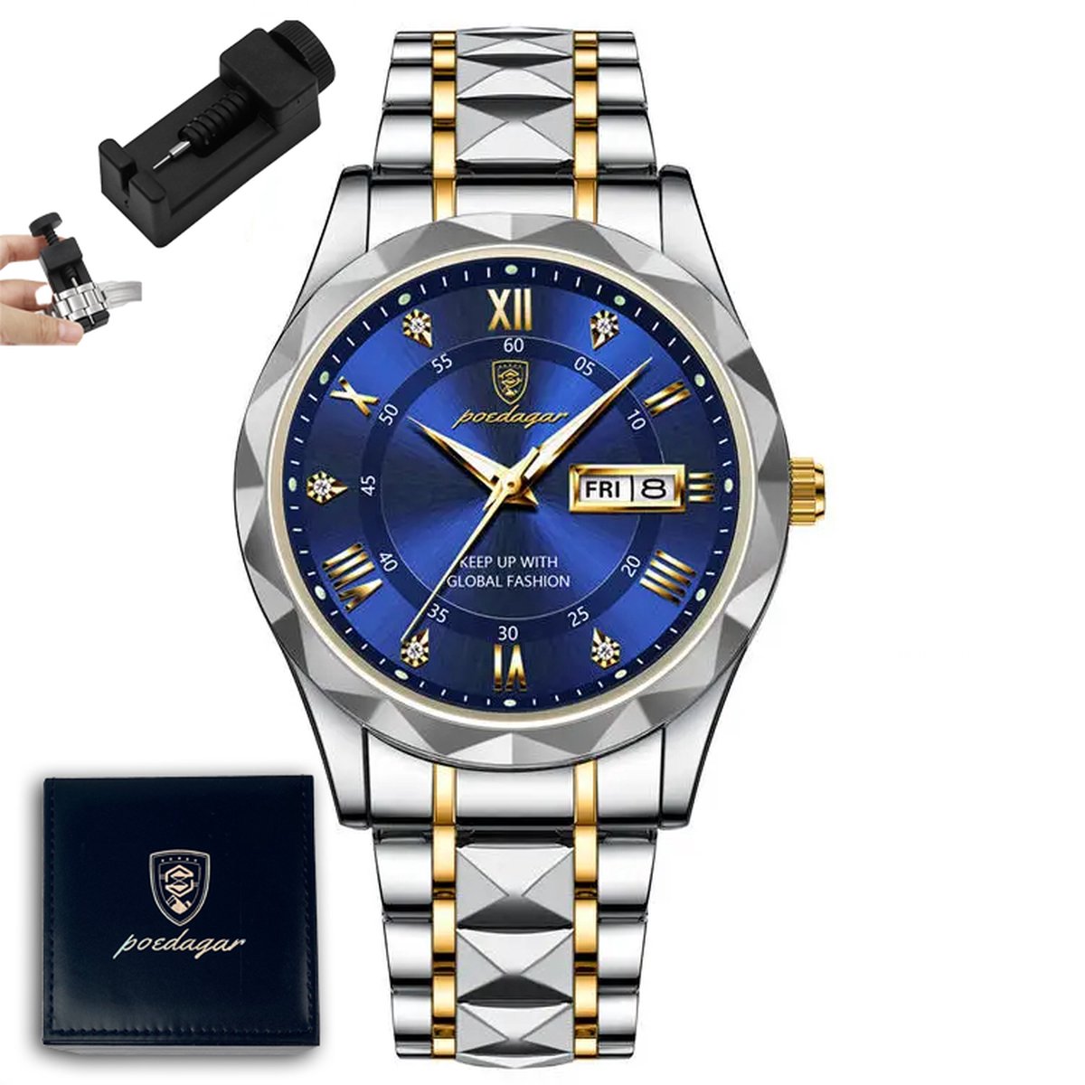 Horloge voor heren Mannen horloge - Heren horloge - Horloge heren - Waterdicht - Blauw - 42 mm - Incl. Opbergdoos & Verkleiner - Poedagar