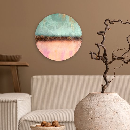 WallCircle® Wandcirkel 30x30 cm - Muurcirkel Goud - Verf - Abstract - Groen - Roze - Muurdecoratie woonkamer - Wanddecoratie slaapkamer - Kamer decoratie accessoires - Ronde schilderijen