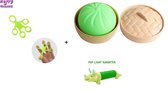 Happy Trendz® Set of 3 - Fidget Pop Tube With Light Dinosaurus Groen Duimspelen Groen - Dumpling Squishy - TikTok Fingerstretch Groen - Cadeau Gift Pakket - Hype - 2023 - Green 3 in 1 pakket