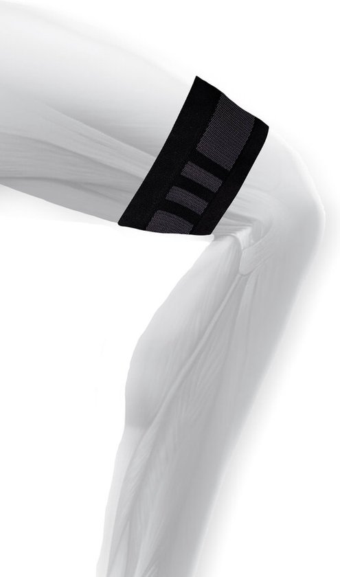 Zwarte compressieband met grijze strepen, gedragen op een model van een been.