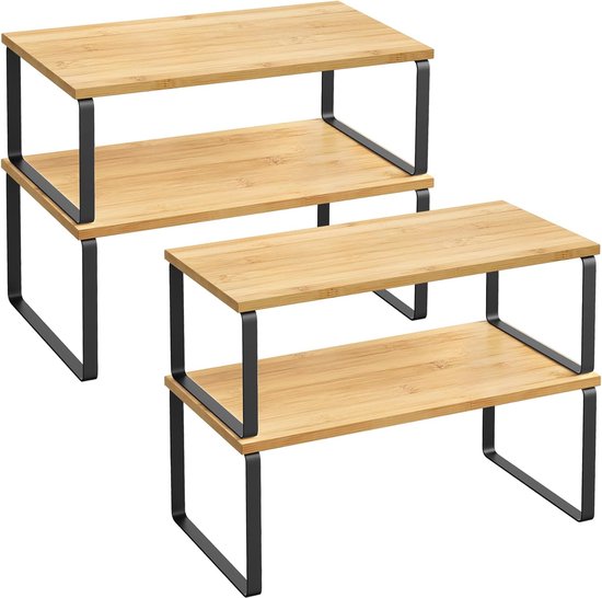 SONGMICS Kruidenrek, set van 3 keukenorganizers, stapelbaar, uitbreidbaar, metaal en hout, inktzwart en natuurlijk beige KCS014YL03