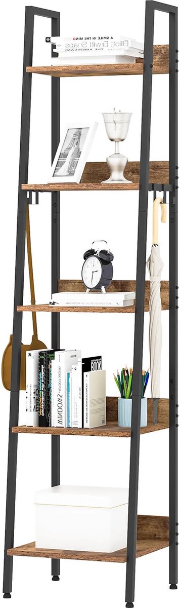 BukkitBow - Moderne Smalle Boekenkast met Metalen Frame en Hout - 4 Planken met Achterwand - Geschikt voor Decoratie in de Woonkamer - 34X40X170CM - Zwart met Donker Eikenhout