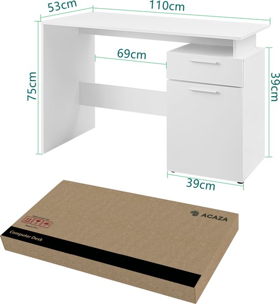 ACAZA Bureau - Bureau met Lades - Bureautafel - Wit - 110 x 53 x 75 cm (L x B x H) - Computertafel - Laptoptafel - Bureau Wit met Lades