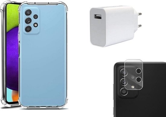 OneOne Camera protector van glas, hoesje en snellader. 27 Watt QuickCharge lader kleur wit, case en camera bescherming zijn volledig transparant. Geschikt voor Galaxy A53.