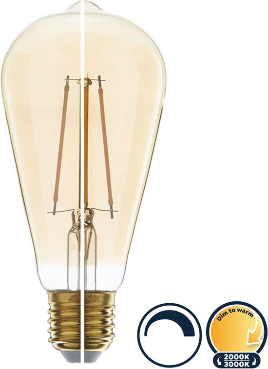 Led filament E27 rustika/edison lamp 6 Watt, dim to warm (3000K-2000K), dimbaar tot 0%, 800 lumen - Ø64mm