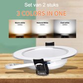 Inbouwspot led met chromen rand - Set van 2 stuks rond inbouwpaneel - 9W - instelbaar in 3 lichtkleuren door bediening van bestaande schakelaar. Kleuren warm wit, neutraal wit en koud wit. Buitenmaat 95 mm Boormaat 60 - 68mm. Hoogte 30 mm.