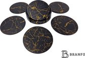 Branfo - Onderzetter Set van 6 stuks - Zwart Goud - Luxe Kunstleren Onderzetters voor glazen - marmer look - Stijlvolle Houder