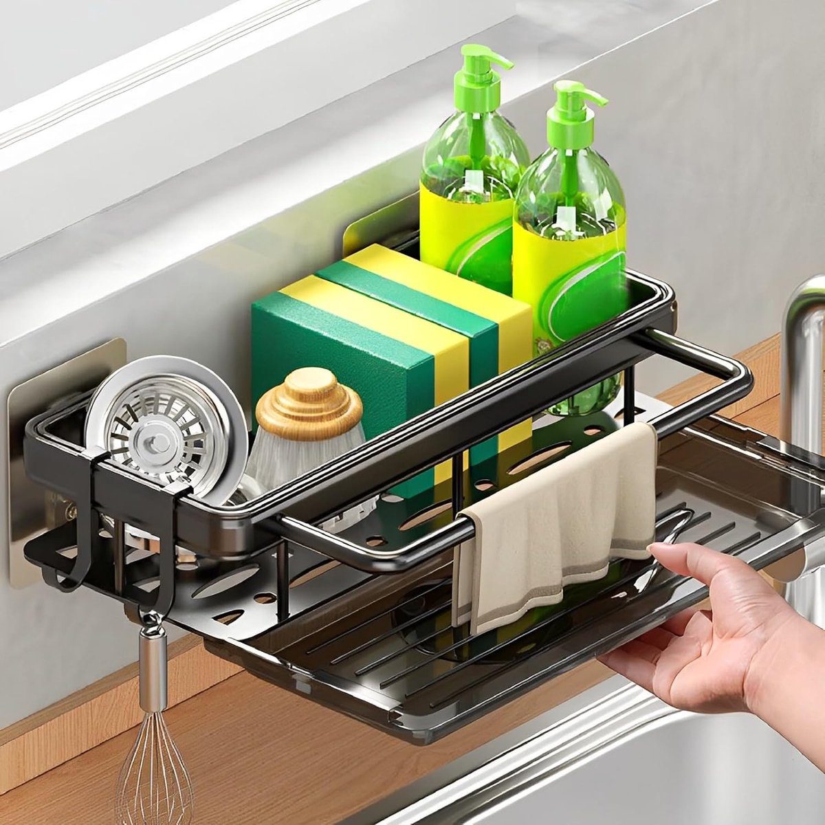Spoelbakorganizer voor keuken, geen boren, spoelbakorganizer, hangend, sponsenhouder, keuken, roestvrij staal, zwarte spoelbak met doekhouder en haak.