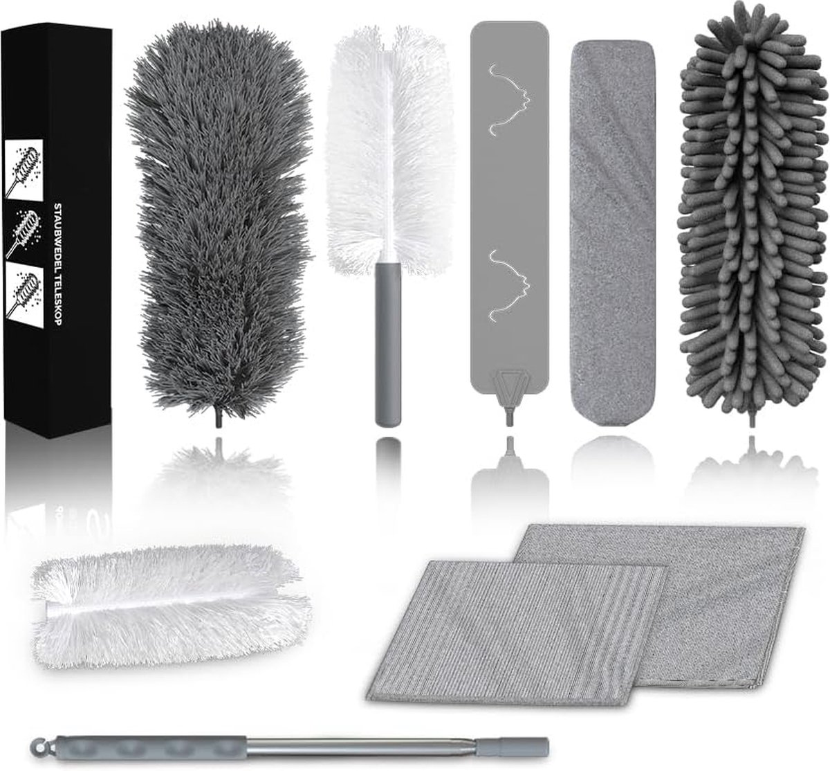 Goedkoopste Telescopische uitschuifbare stoffer met handstoffer, platte stoffer en microvezeldoek, set van 7 stuks, wasbaar, lengte tot 245 cm.