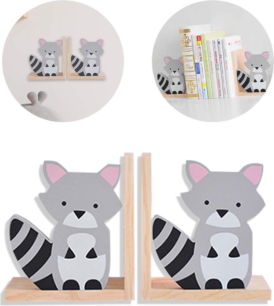 Set van twee houten wasbeer boekensteunen, antislip boekensteunen voor boekenplanken, decoratie voor de kinderkamer.